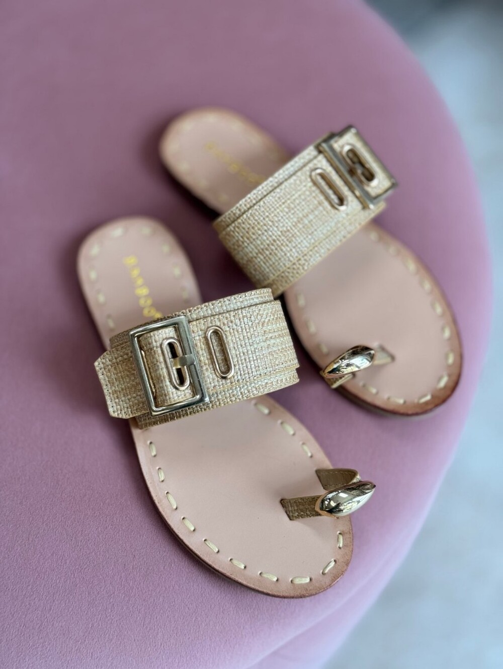 Bamboo Ring Toe Buckle Twig Beige Raffia Flats